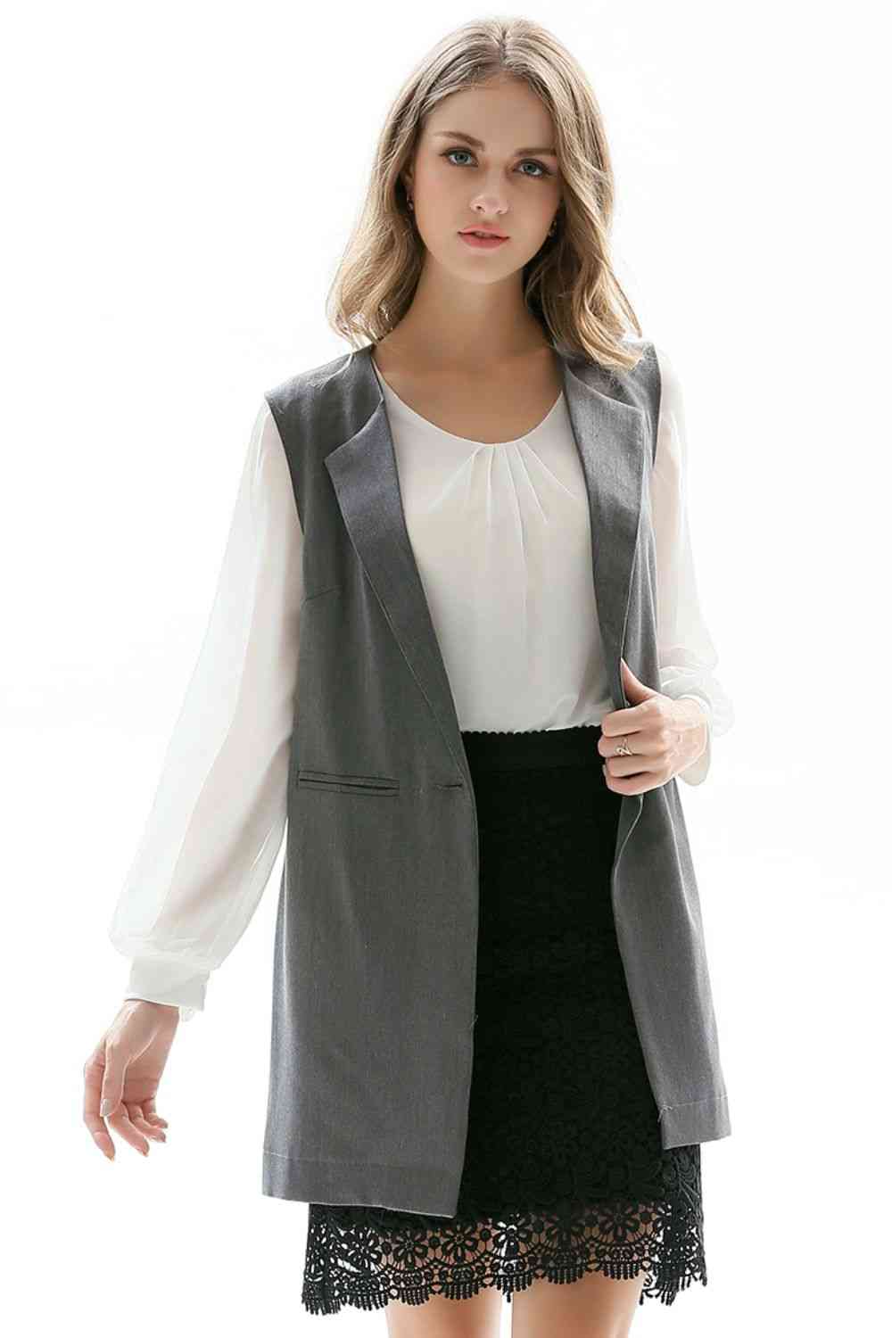 One-Button Sleeveless Longline Blazer - TRENDMELO