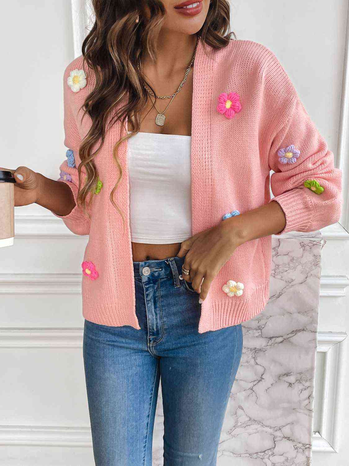 Floral Long Sleeve Open Front Cardigan - TRENDMELO