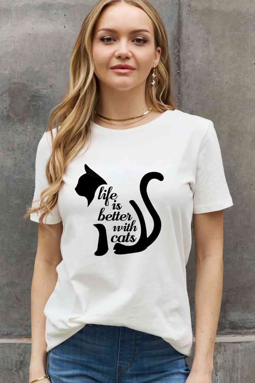 Simply Love Simply Love Full Size LIFE IS BETTER WITH CATS Graphic Cotton Tee - TRENDMELO