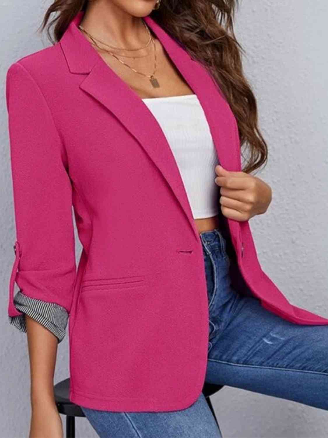 Lapel Collar Roll-Tab Sleeve Blazer - TRENDMELO