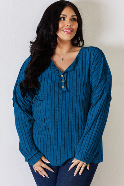 Basic Bae Full Size Ribbed Half Button Long Sleeve T-Shirt - TRENDMELO