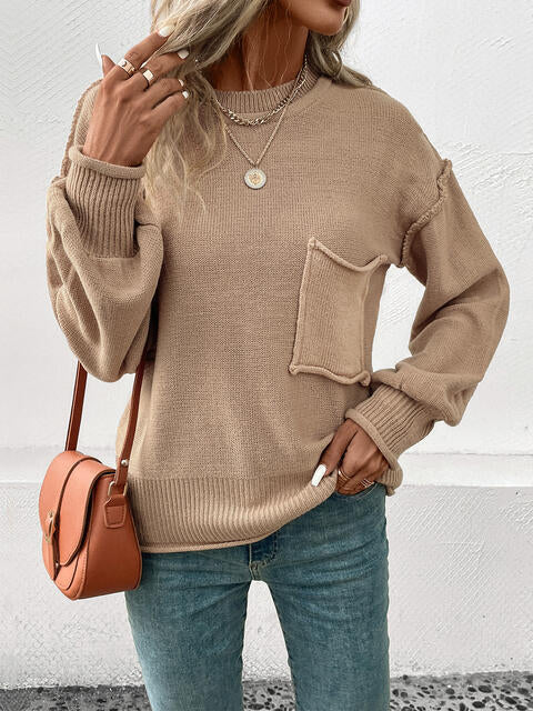 Exposed Seam Round Neck Sweater - TRENDMELO