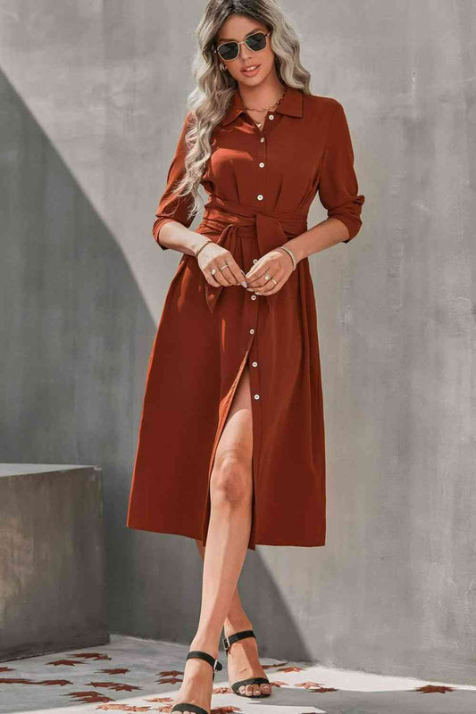 Collared Neck Tie Waist Midi Shirt Dress - TRENDMELO