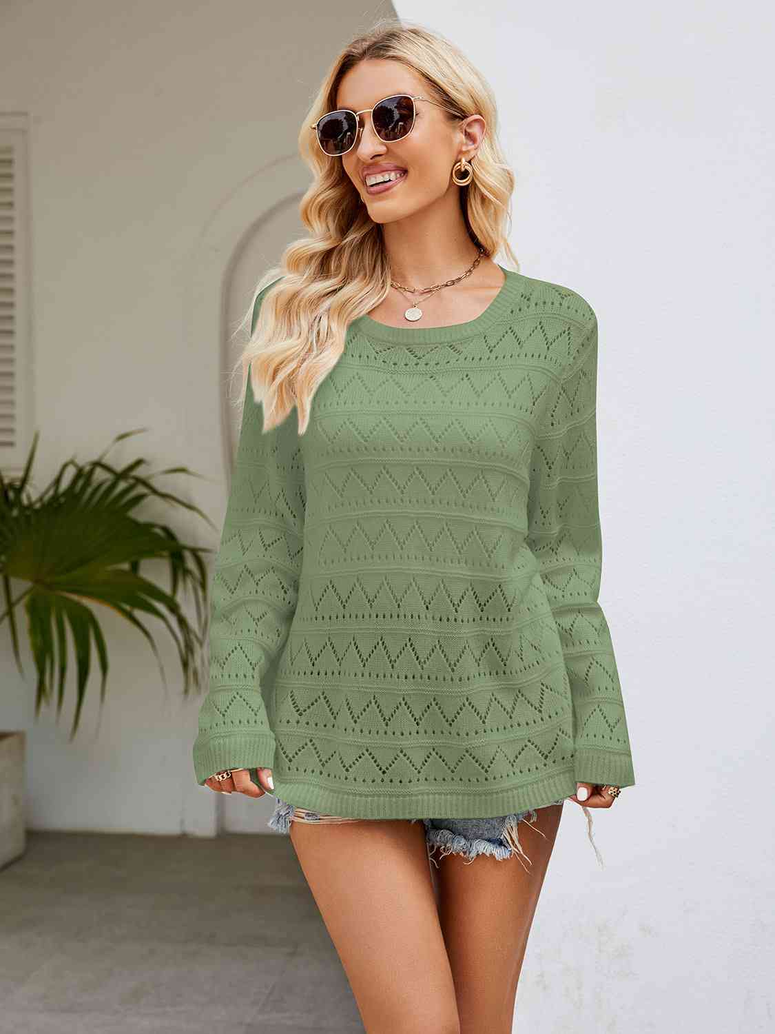 Round Neck Openwork Long Sleeve Knit Top - TRENDMELO