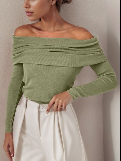 Off-Shoulder Long Sleeve Sweater - TRENDMELO