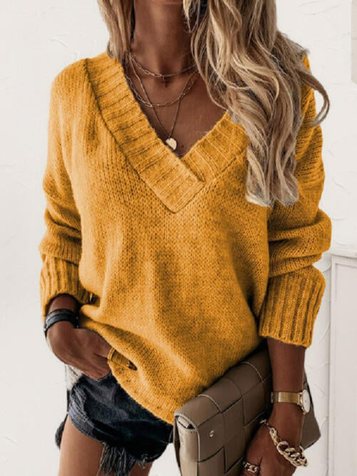 V-Neck Long Sleeve Knit Top - TRENDMELO