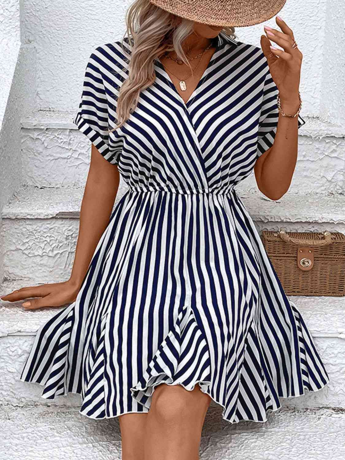 Striped Johnny Collar Mini Dress - TRENDMELO