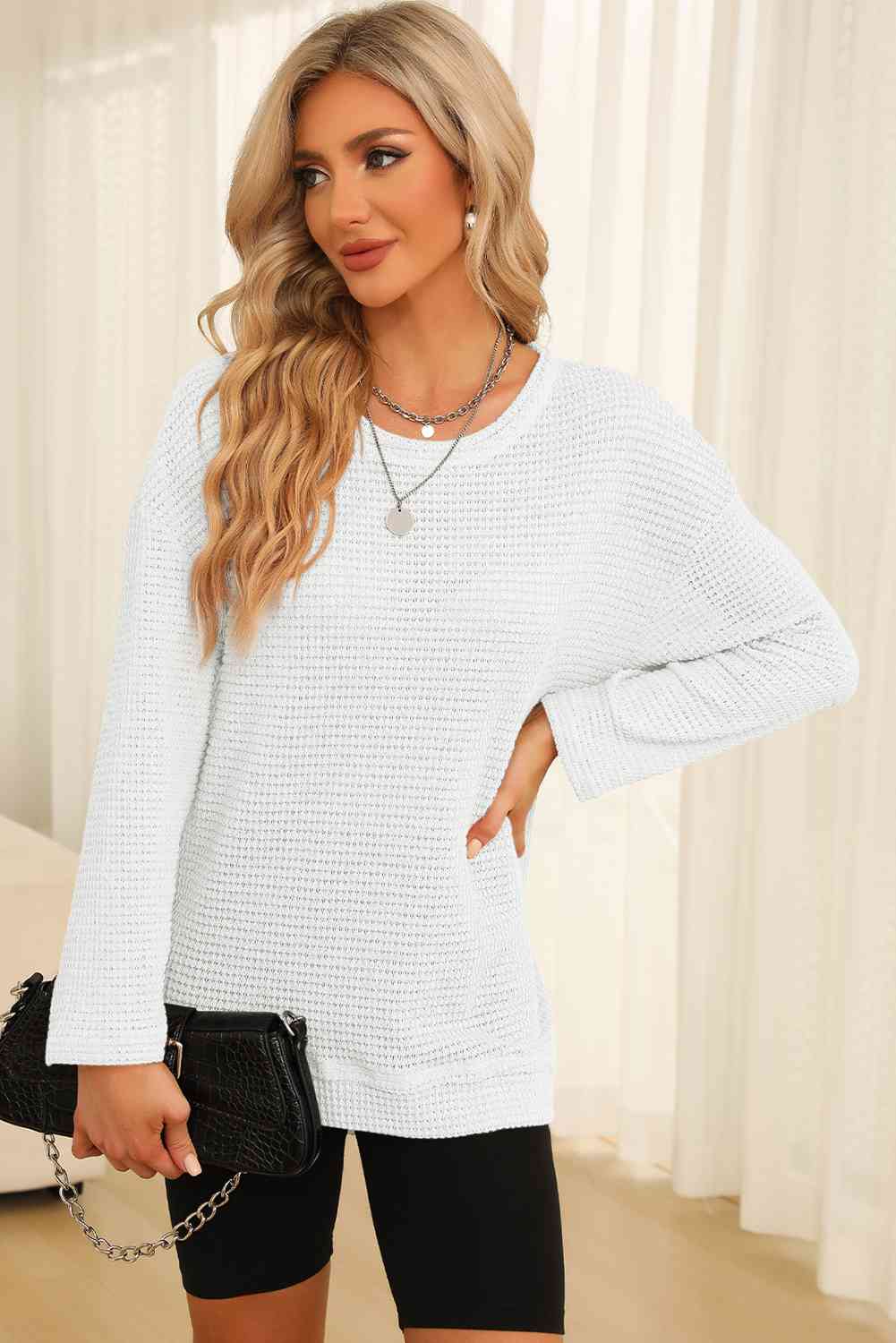 Waffle-Knit Round Neck Long Sleeve Sweatshirt - TRENDMELO