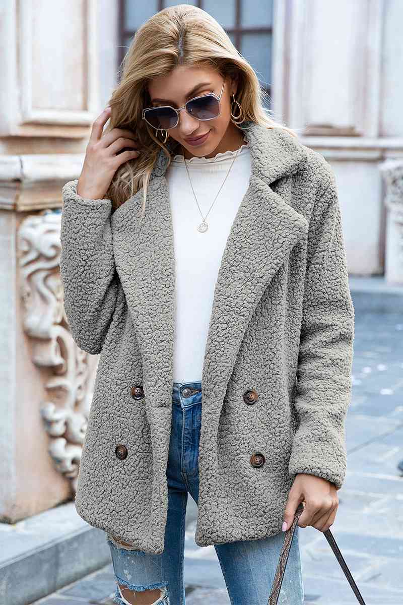 Full Size Lapel Collar Sherpa Coat - TRENDMELO