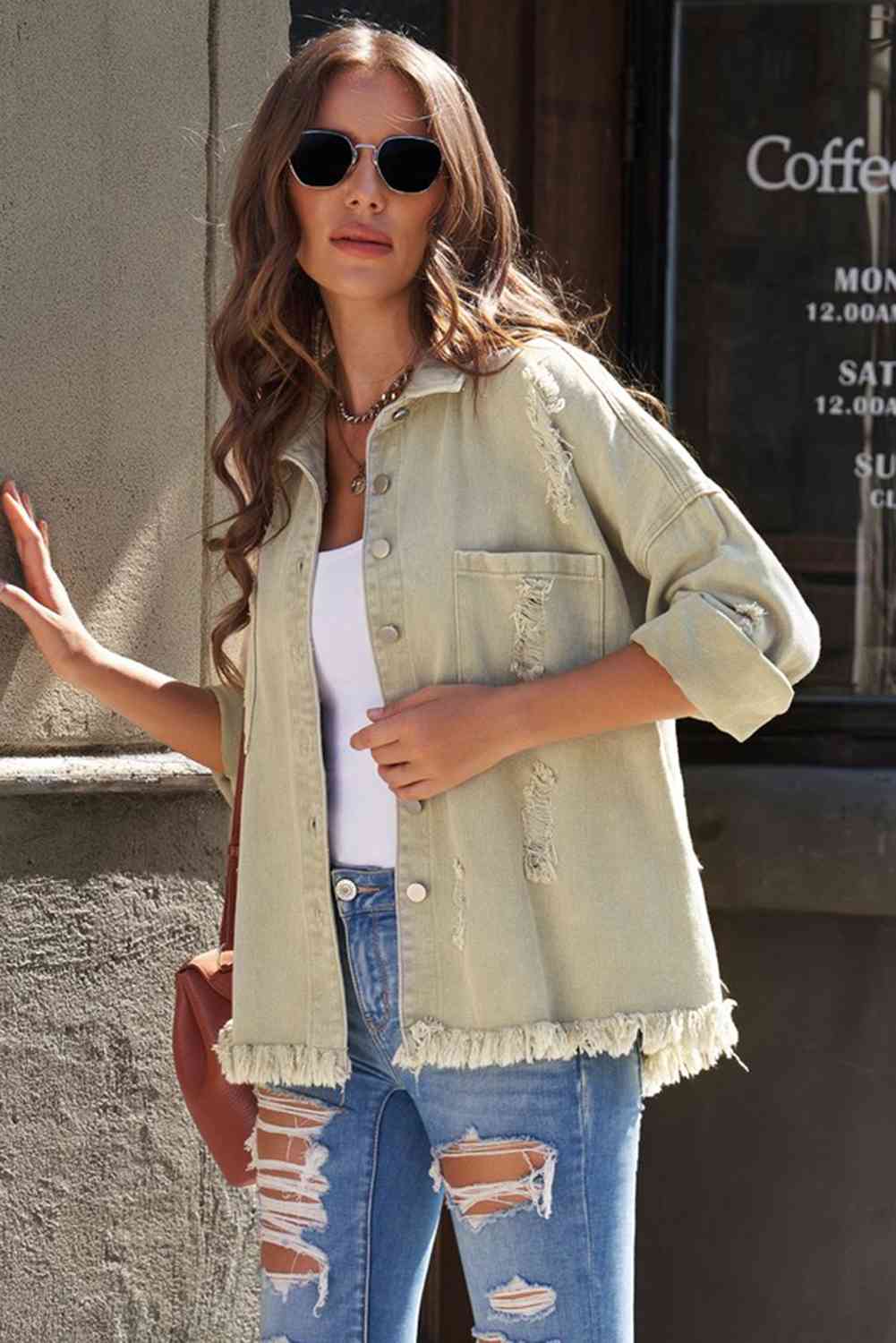 Double Take Distressed Fringe Trim Button Up Jacket - TRENDMELO