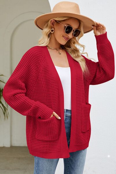 Open Front Raglan Sleeve Pocketed Cardigan - TRENDMELO