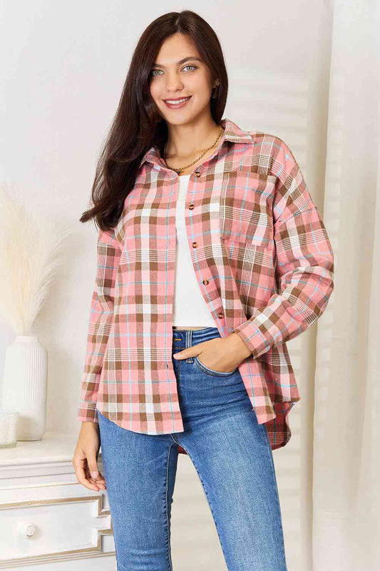 Double Take Plaid Collared Neck Long Sleeve Button-Up Shirt - TRENDMELO