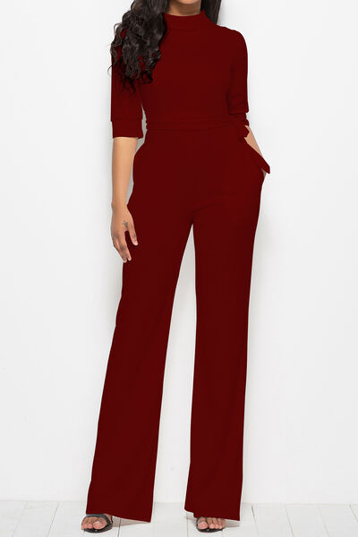 Mock Neck Tie-Waist Half Sleeve Jumpsuit - TRENDMELO