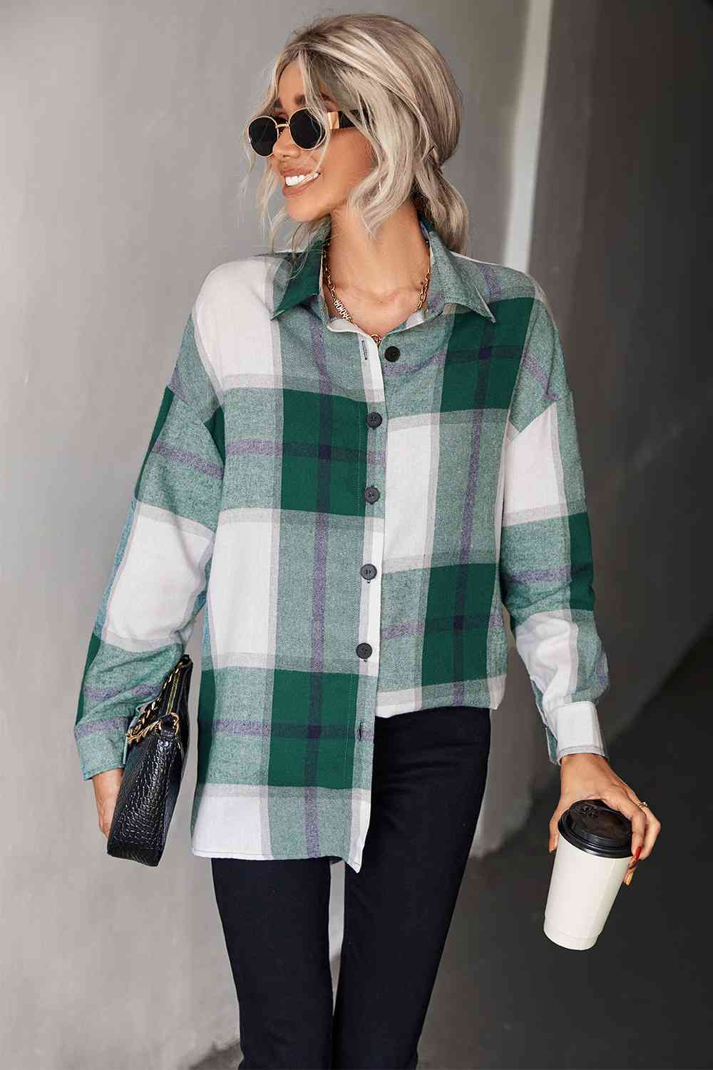 Plaid Collared Neck Longline Shirt - TRENDMELO