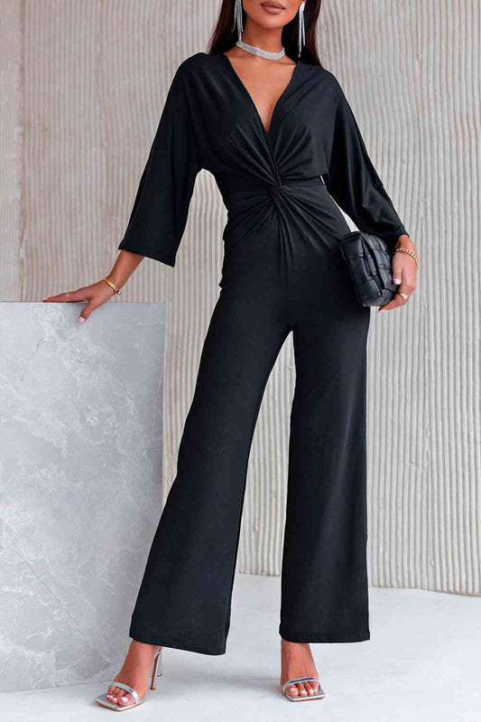 Twisted Plunge Three-Quarter Sleeve Jumpsuit - TRENDMELO