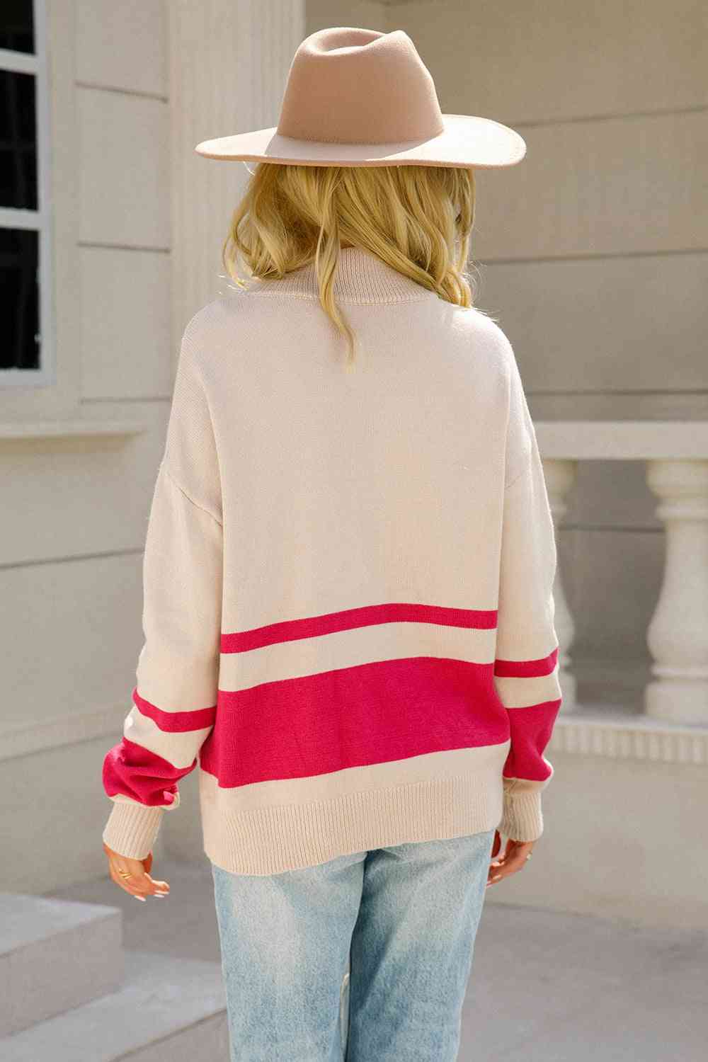 Two-Tone Long Sleeve Zip-Up Knit Top - TRENDMELO