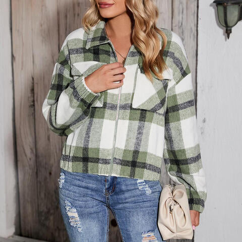 Plaid Zip-Up Collared Jacket - TRENDMELO