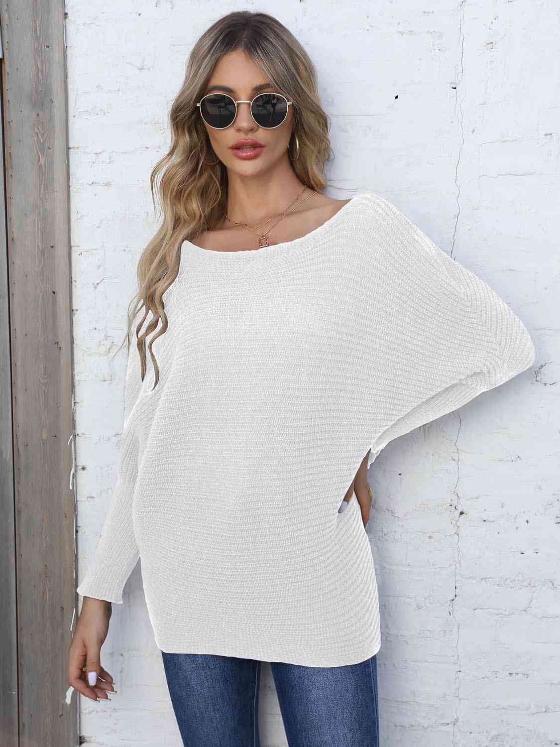 Full Size Horizontal Ribbing Dolman Sleeve Sweater - TRENDMELO