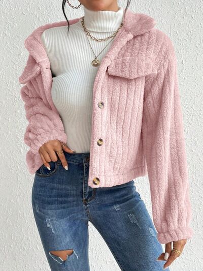 Fuzzy Button Up Collared Neck Jacket - TRENDMELO