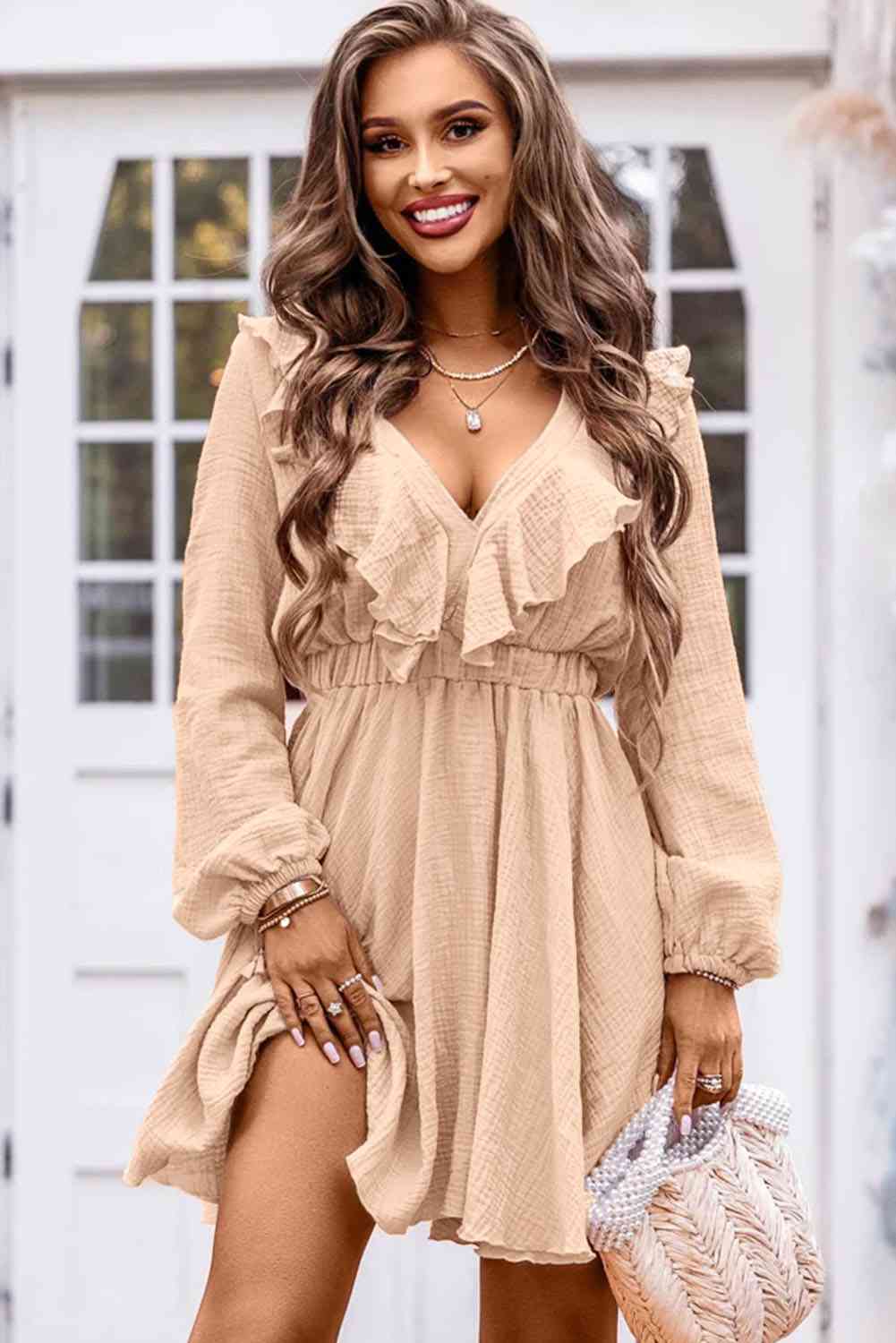 Ruffle Trim V-Neck Long Sleeve Mini Dress - TRENDMELO