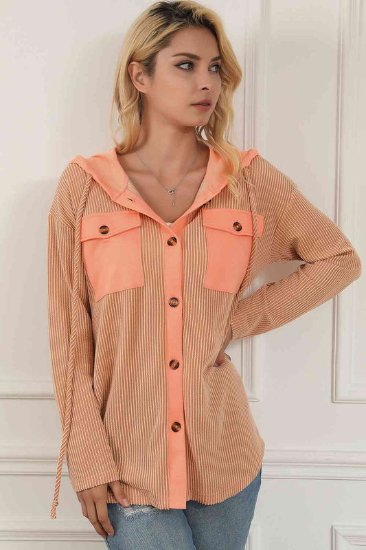 Button Down Drawstring Hooded Jacket - TRENDMELO