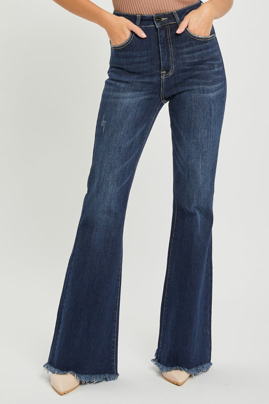 RISEN High Waist Raw Hem Flare Jeans - TRENDMELO