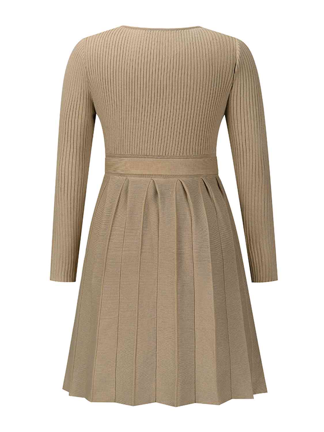 Surplice Neck Tie Front Pleated Sweater Dress - TRENDMELO