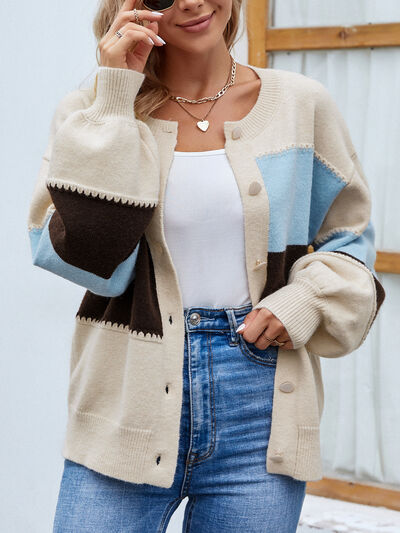 Color Block Button Up Lantern Sleeve Cardigan - TRENDMELO