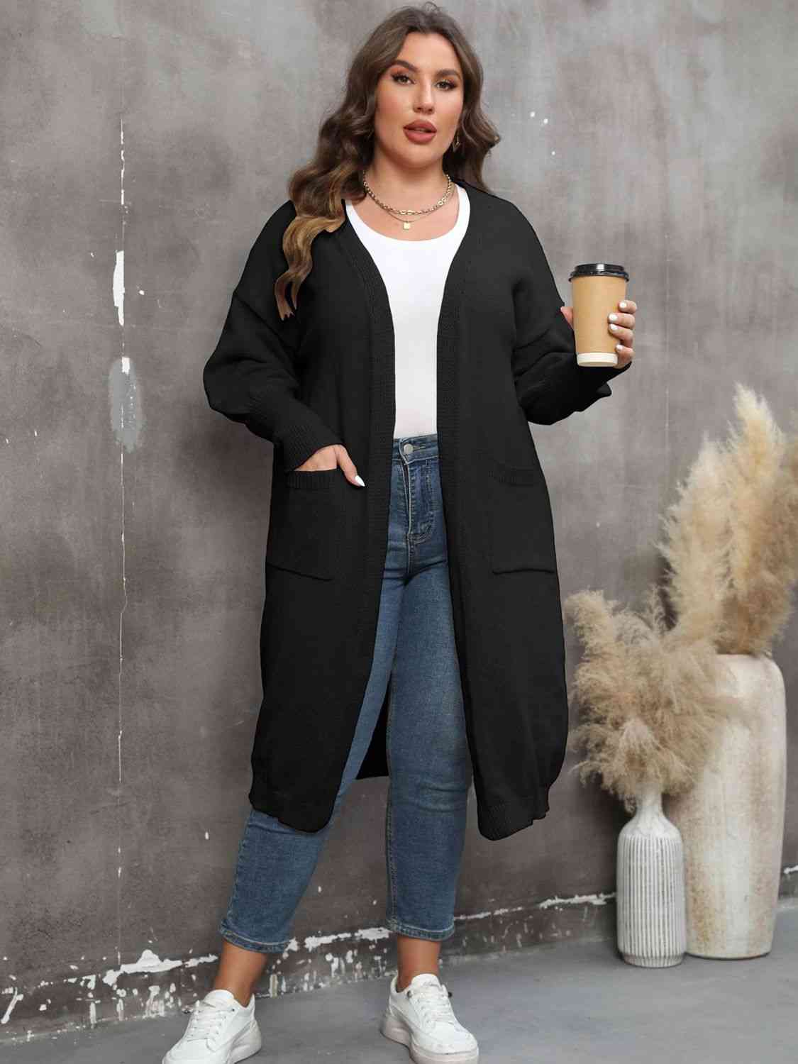 Plus Size Long Sleeve Pocketed Cardigan - TRENDMELO