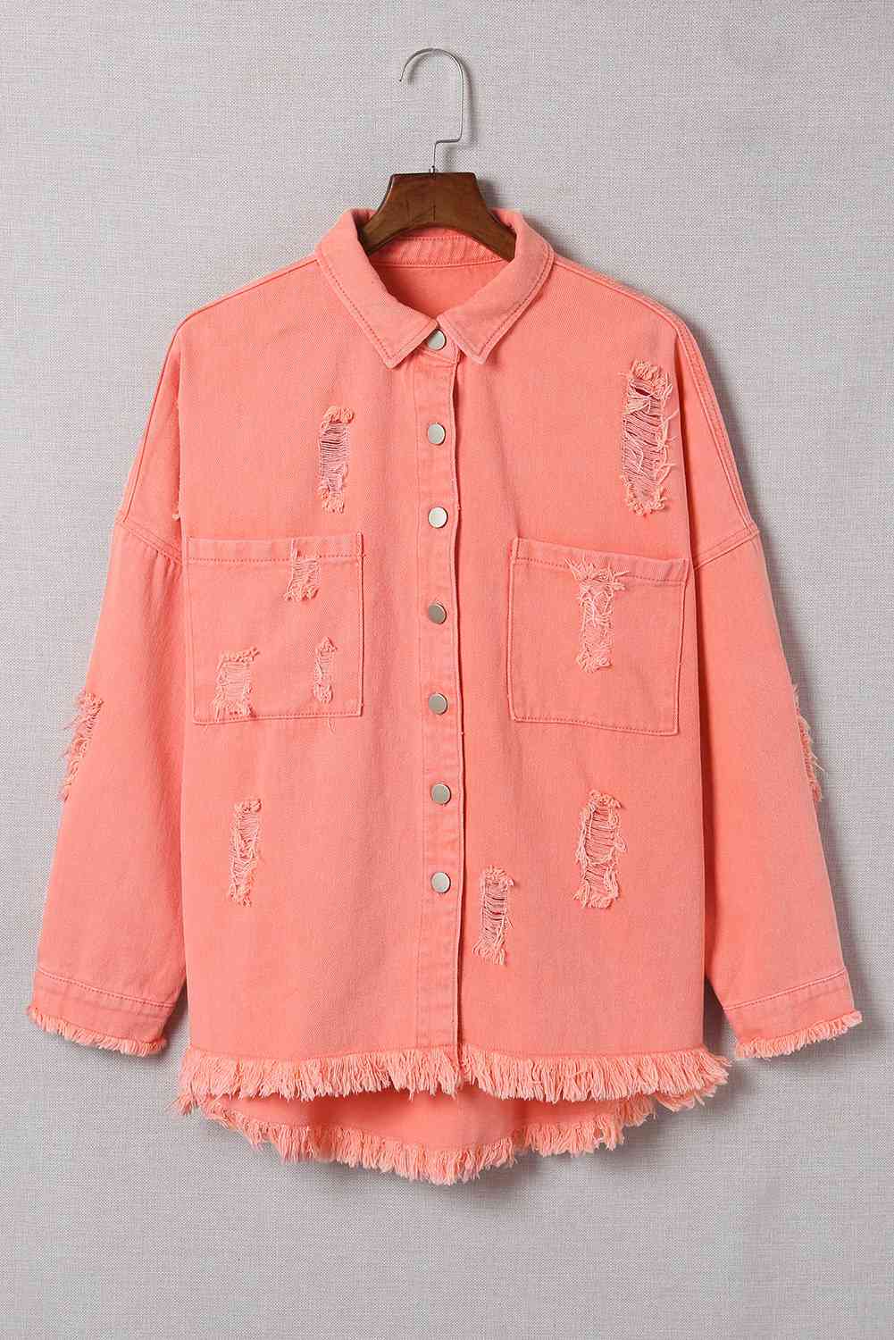 Double Take Distressed Fringe Trim Button Up Jacket - TRENDMELO