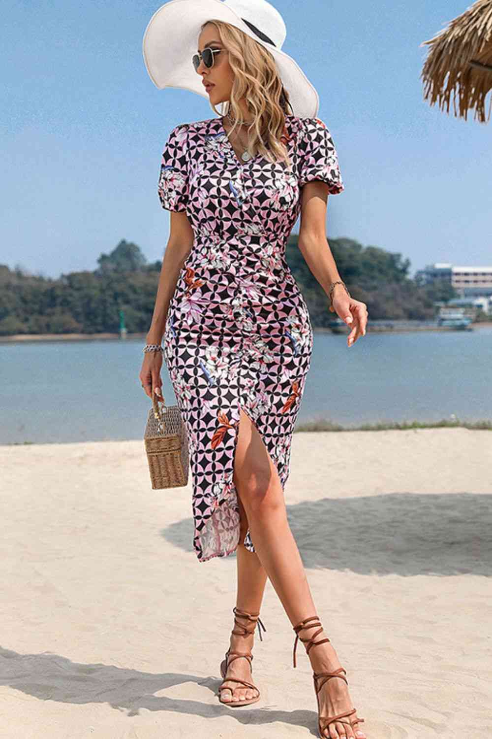 Floral Geometric Surplice Neck Front Slit Dress - TRENDMELO