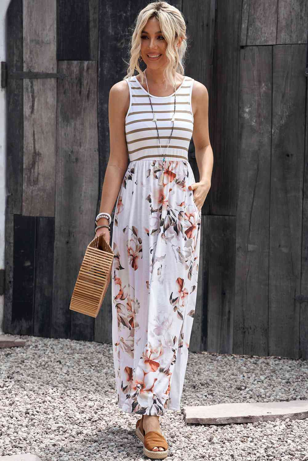 Striped Floral Round Neck Sleeveless Maxi Dress - TRENDMELO