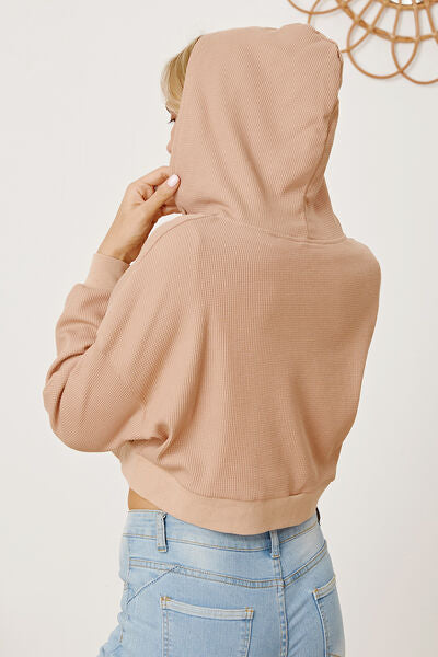 Waffle-Knit Drawstring Zip Up Hoodie - TRENDMELO