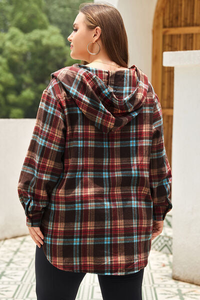 Plus Size Drawstring Plaid Quarter Button Hoodie - TRENDMELO