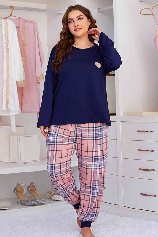 Plus Size Heart Graphic Top and Plaid Joggers Lounge Set - TRENDMELO