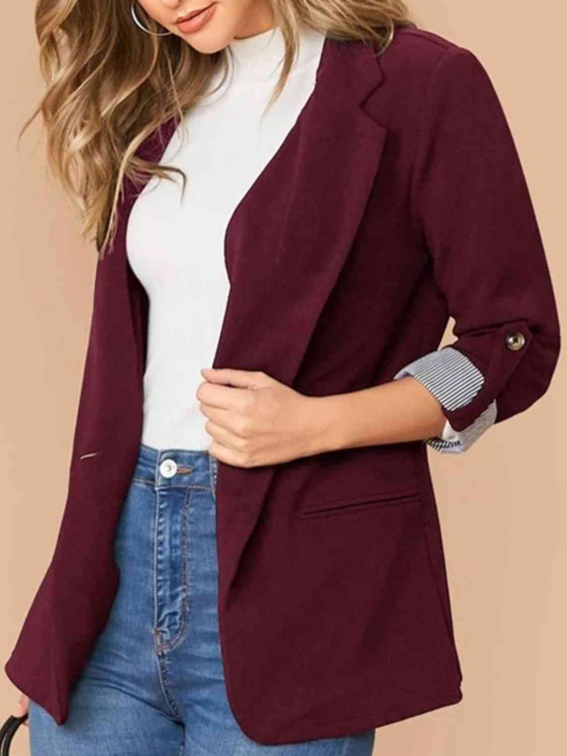 Lapel Collar Roll-Tab Sleeve Blazer - TRENDMELO