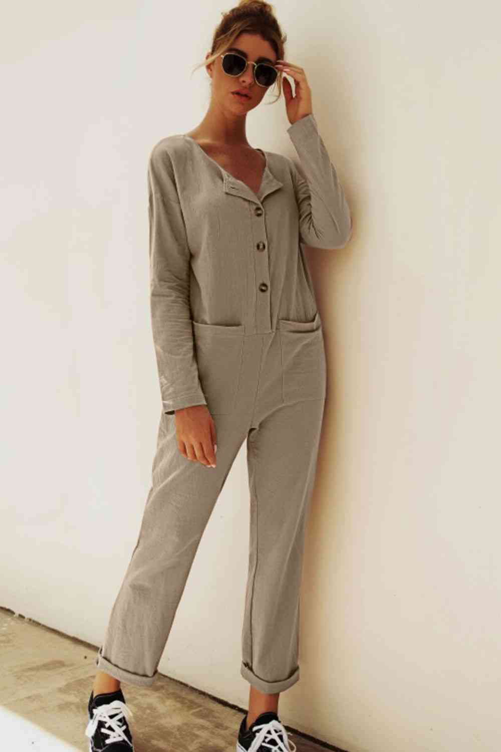 Buttoned Drop Shoulder Pocket Jumpsuit - TRENDMELO