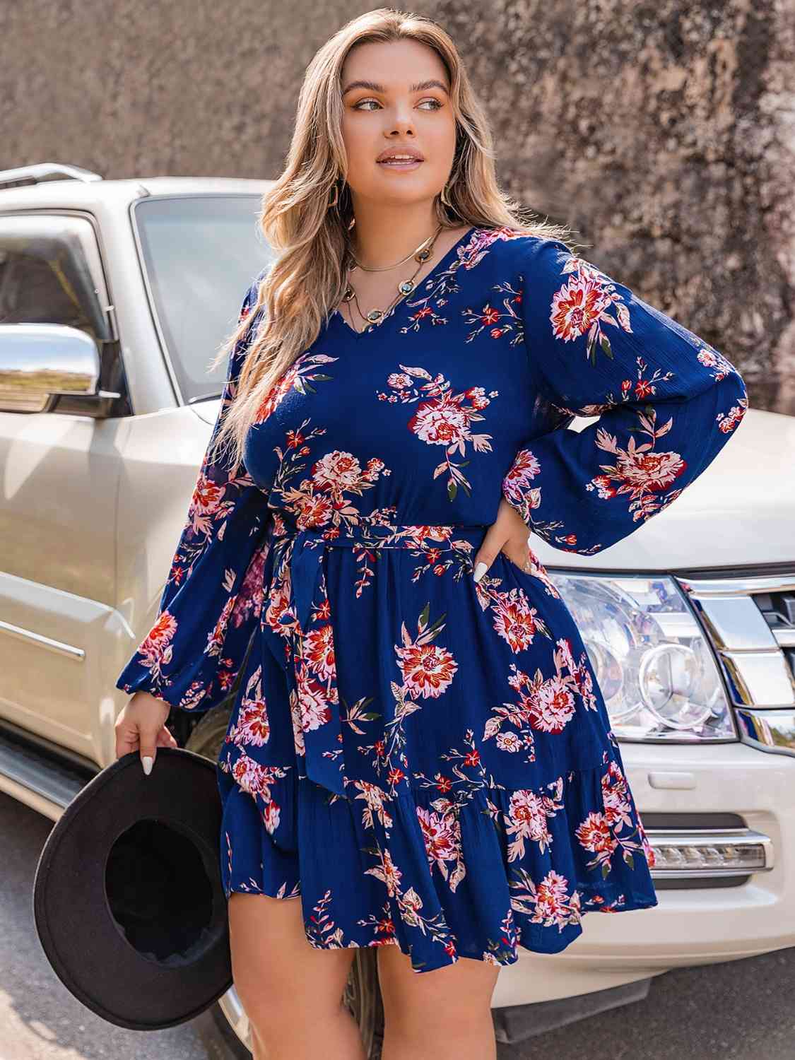 Plus Size V-Neck Long Sleeve Dress - TRENDMELO