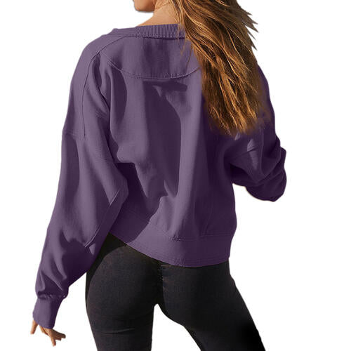 Round Neck Drop Shoulder Long Sleeve Sweatshirt - TRENDMELO