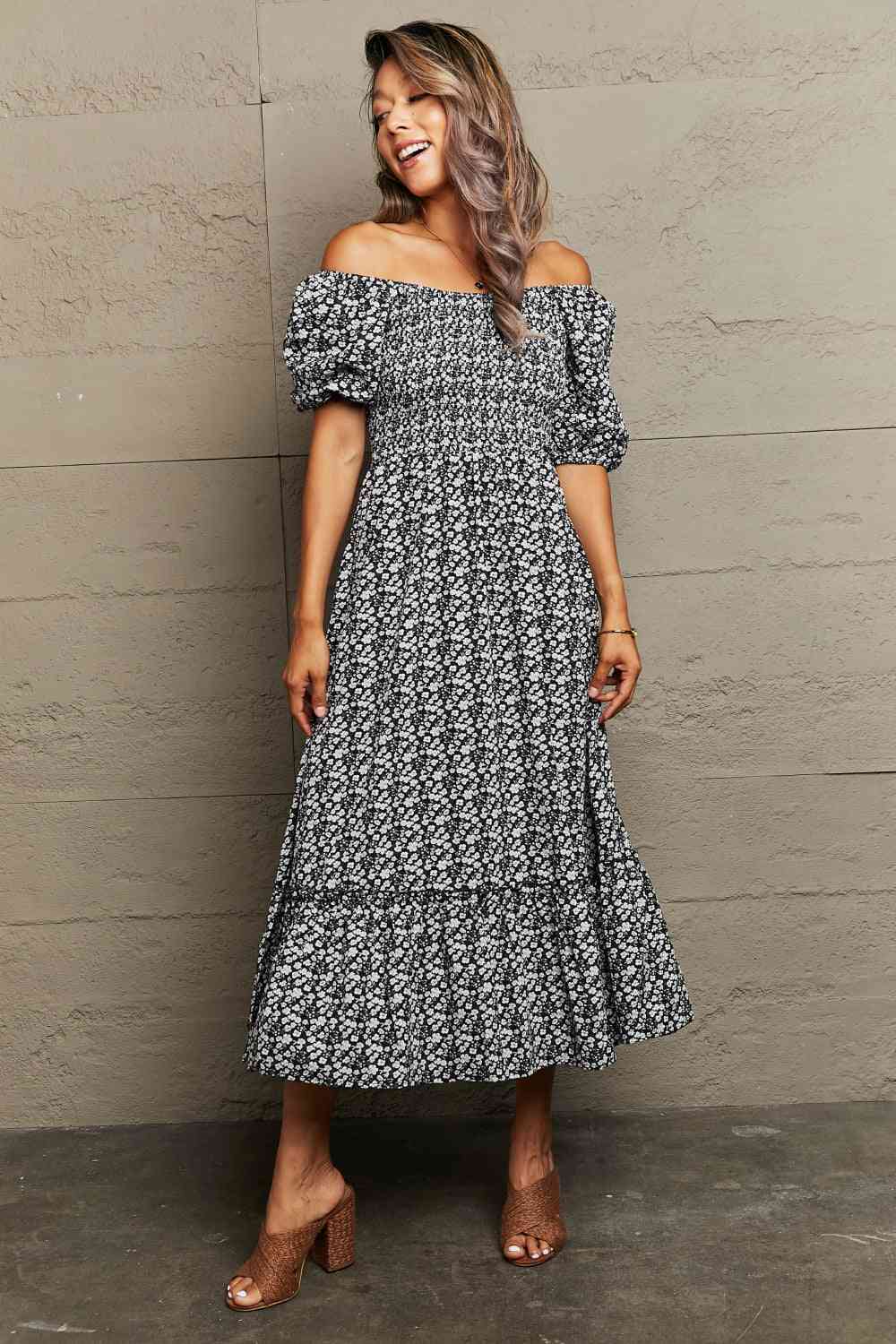 Floral Lace-Up Off-Shoulder Midi Dress - TRENDMELO