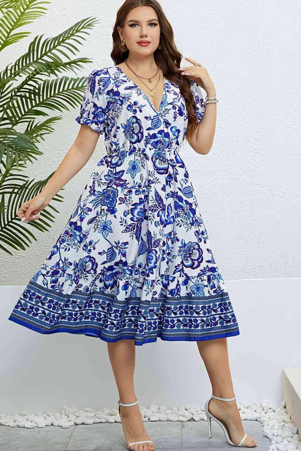 Floral Flounce Sleeve Surplice Dress - TRENDMELO