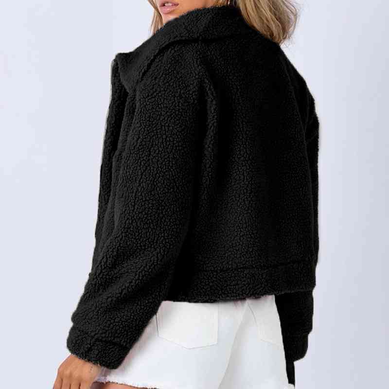 Long Sleeve Collared Neck Sherpa Jacket - TRENDMELO