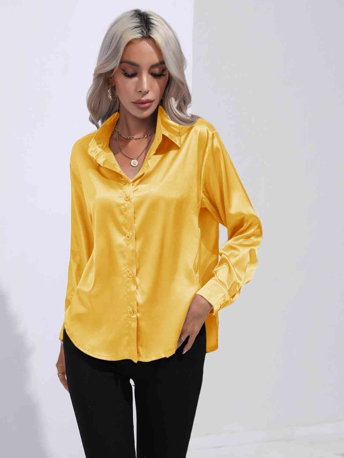 Collared Neck Buttoned Long Sleeve Shirt - TRENDMELO