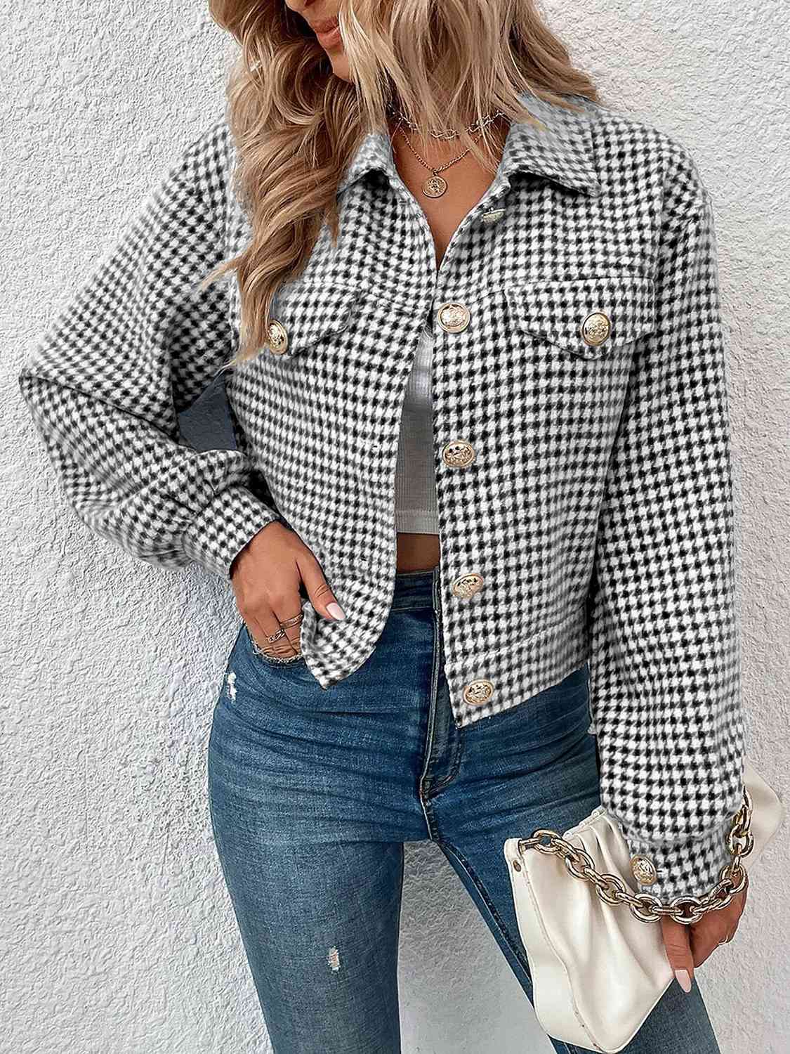 Houndstooth Collared Neck Button Up Jacket - TRENDMELO