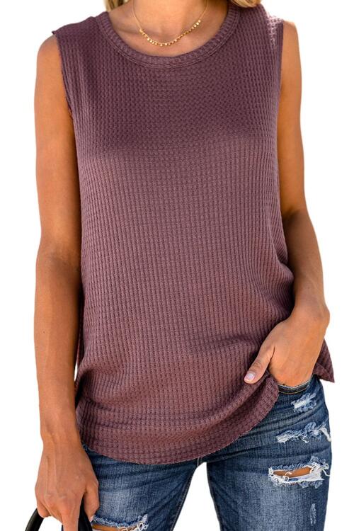 Waffle Knit Round Neck Tank - TRENDMELO