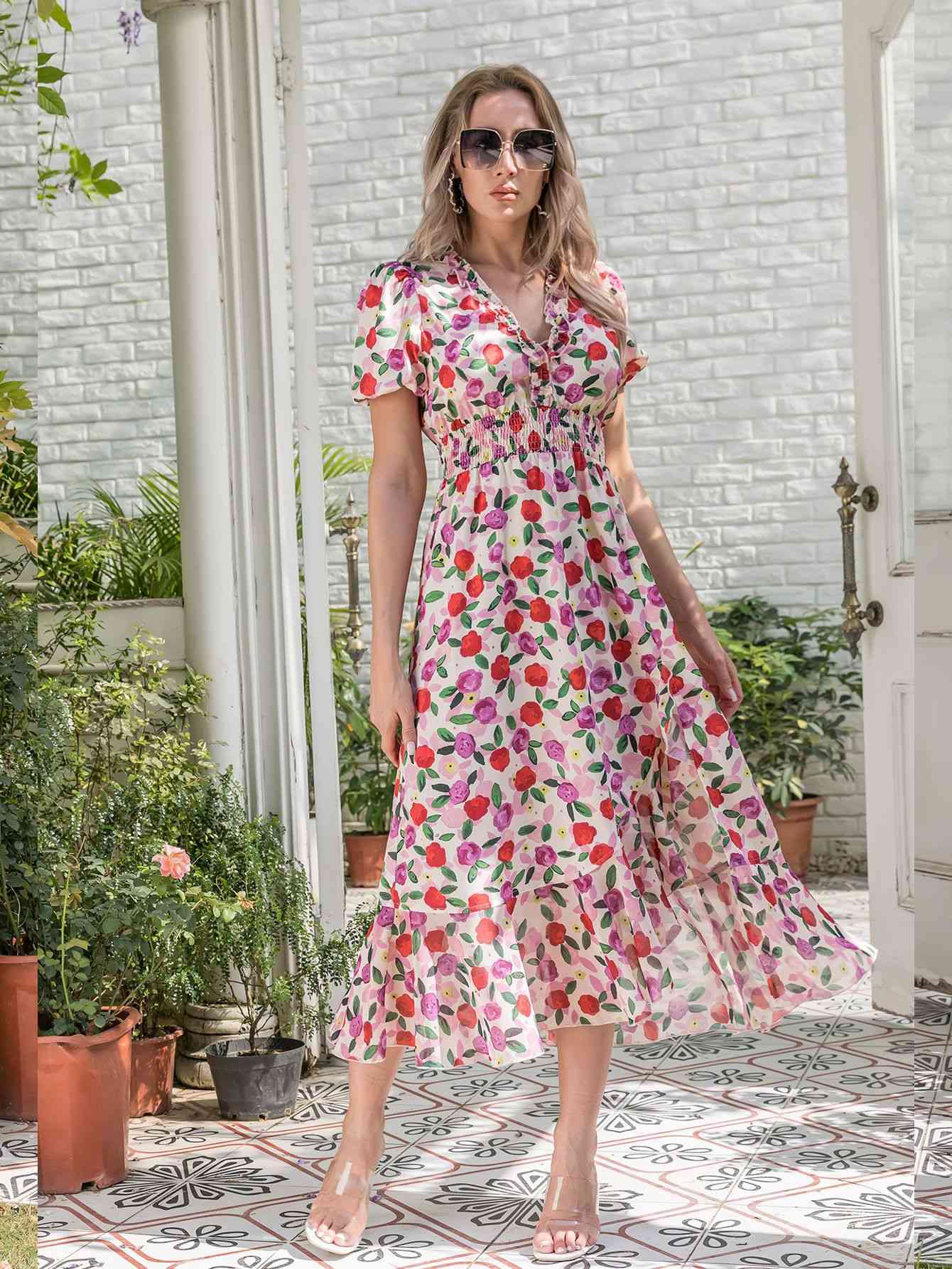 Floral Frill Trim Surplice Ruffle Hem Dress - TRENDMELO