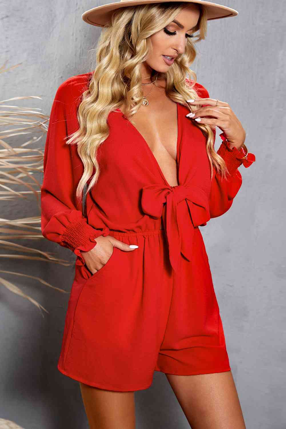 Tied Flounce Sleeve Plunge Romper - TRENDMELO