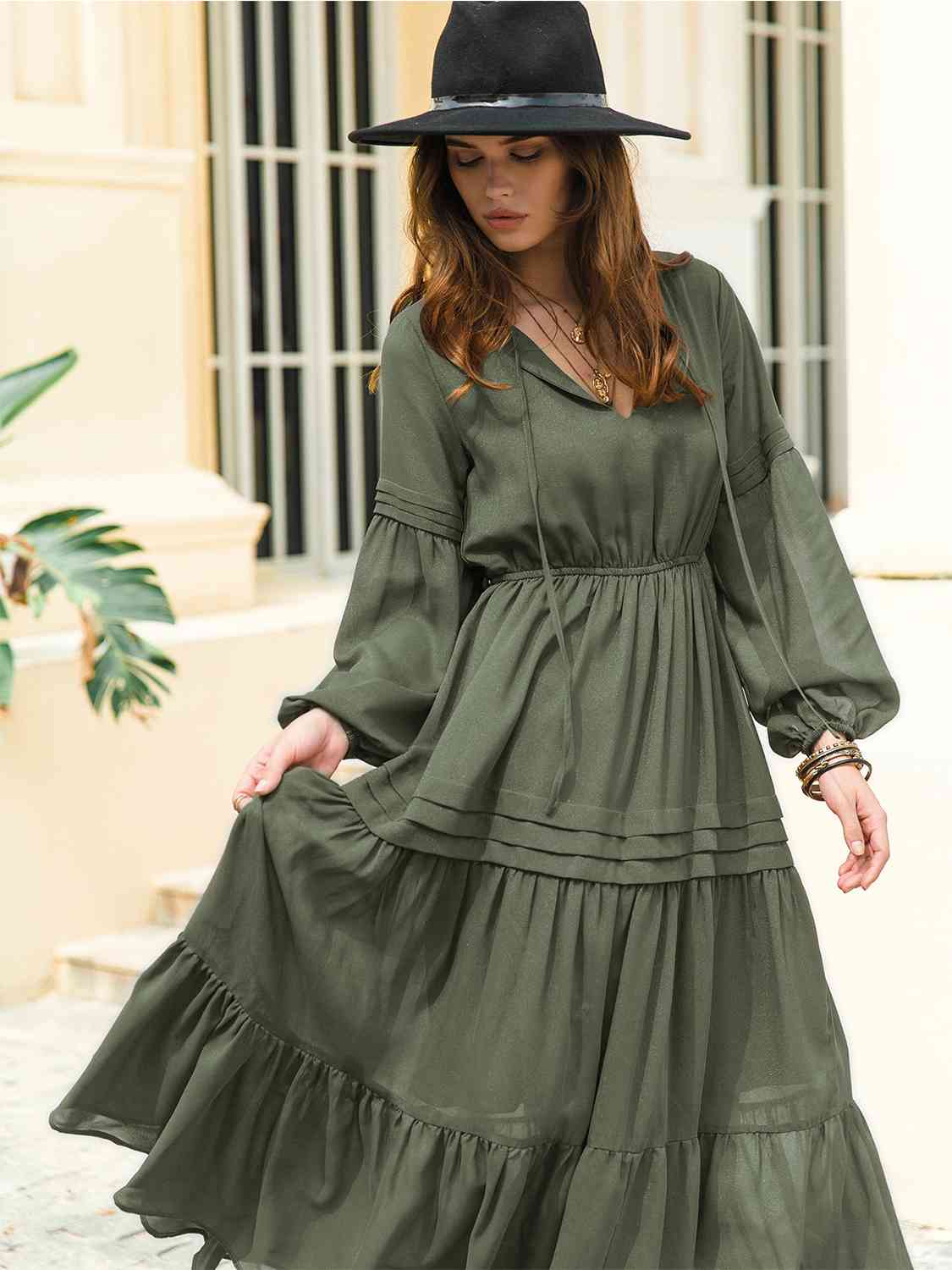 Tie Neck Long Sleeve Midi Tiered Dress - TRENDMELO