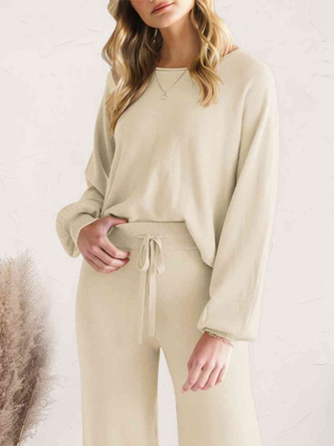 Long Sleeve Lounge Top and Drawstring Pants Set - TRENDMELO