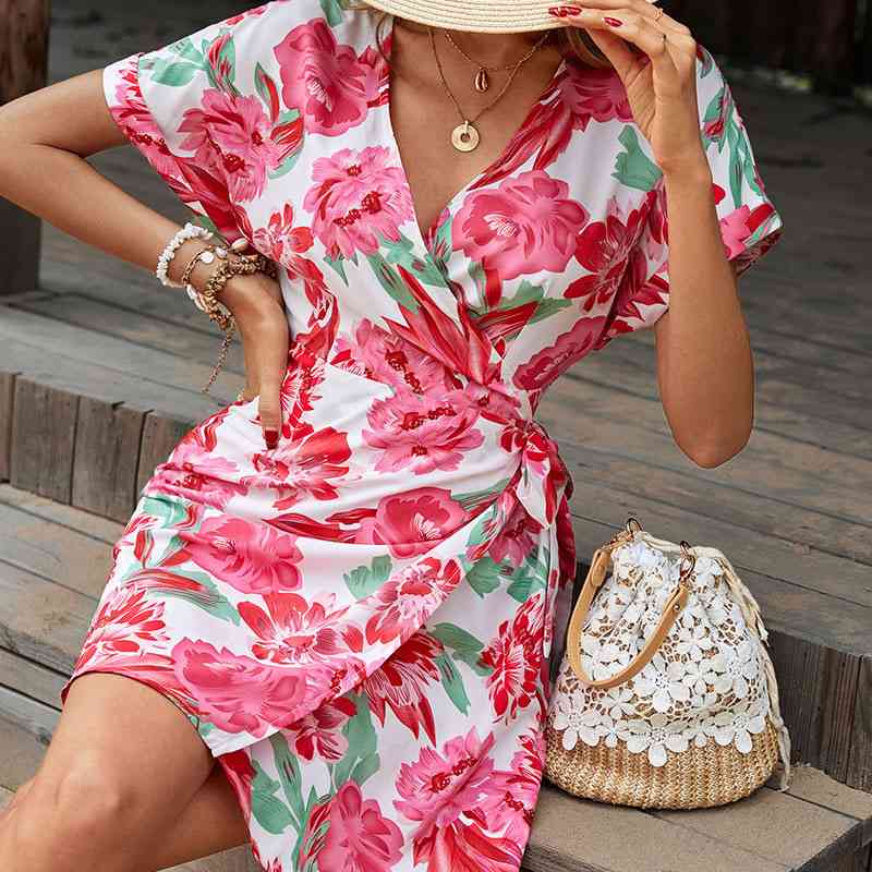 Floral Tied Short Sleeve Mini Dress - TRENDMELO